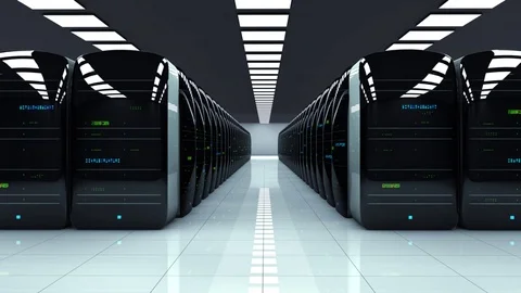 Modern server room. Realistic LED lights are flashing. Camera zoom Stock Footage 70140609