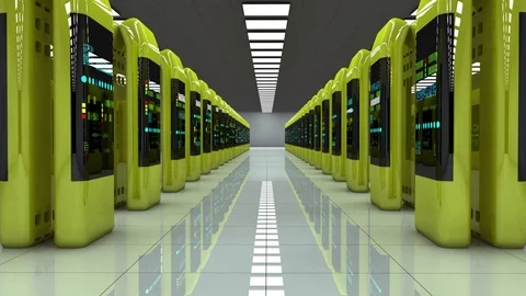 Modern server room. Realistic LED lights are flashing. camera moves up Video stock 79361856