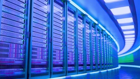 Modern server room with rows of data center computer racks in blue light Stock Footage 340355898