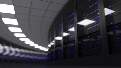 Modern server room, shallow focus. Cloud technology or data center concepts. 3D Illustrazione stock