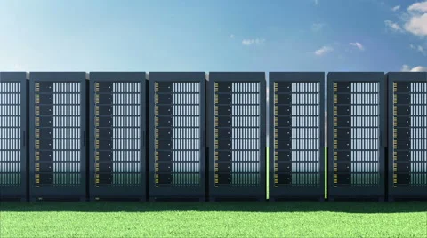 Modern Servers Rack on a Beautiful Landscape with Green Grass and Flowing Clouds Stock-Footage 47953893