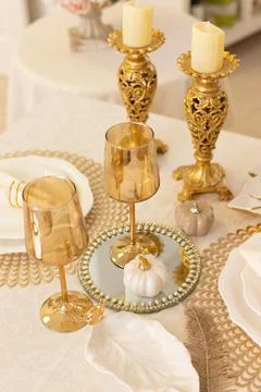 Modern Serving Festive Dinner. Tableware and Interior Items. Stock Photos