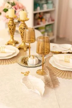 Modern Serving Festive Dinner. Tableware and Interior Items. Stock Photos