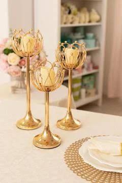 Modern Serving Festive Dinner. Tableware and Interior Items. Stock Photos