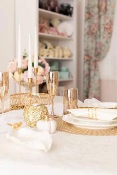 Modern Serving Festive Dinner. Tableware and Interior Items. Stock Photos