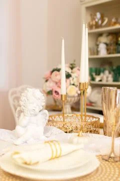 Modern Serving Festive Dinner. Tableware and Interior Items. Stock Photos