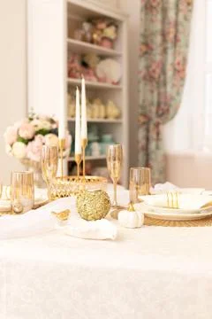 Modern Serving Festive Dinner. Tableware and Interior Items. Stock Photos