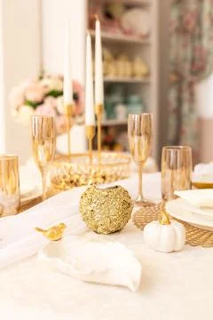 Modern Serving Festive Dinner. Tableware and Interior Items. Stock Photos