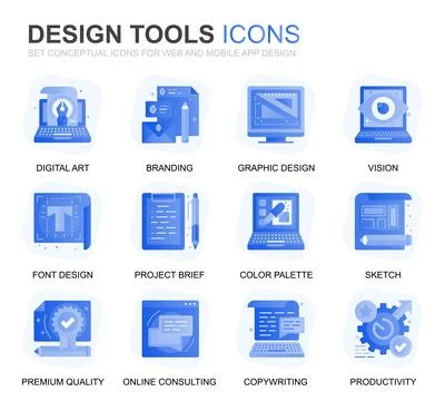 Modern Set Design Tools Gradient Flat Icons for Website and Mobile Apps. Cont 库存插图