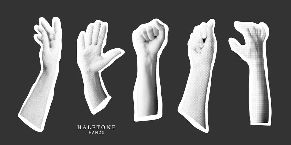Modern set of halftone hands with different gestures. Collection of paper cut 库存插图