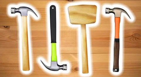 Modern set realistic hammers. Work tools isolated on white background. Stock Illustration