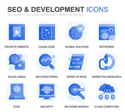 Modern Set Seo and Development Gradient Flat Icons for Website and Mobile A.. Stock Illustration