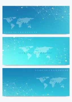 Modern set of vector banners with World Map. Geometric presentation. Molecule Ilustración de archivo