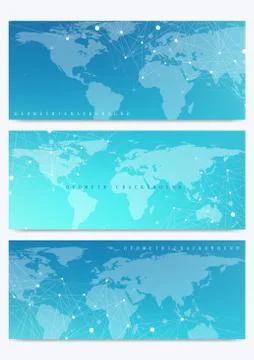 Modern set of vector banners with World Map. Geometric presentation. Molecule Ilustración de archivo