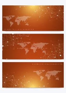 Modern set of vector banners with World Map. Geometric presentation. Molecule Illustrazione stock