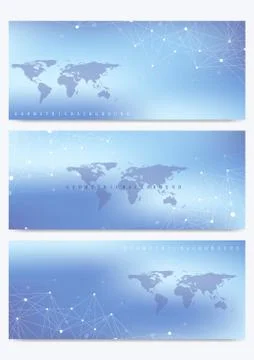 Modern set of vector banners with World Map. Geometric presentation. Molecule Illustrazione stock