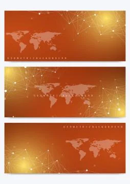 Modern set of vector banners with World Map. Geometric presentation. Molecule Stock Illustration