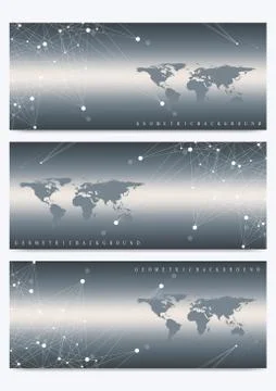 Modern set of vector banners with World Map. Geometric presentation. Molecule Ilustración de archivo