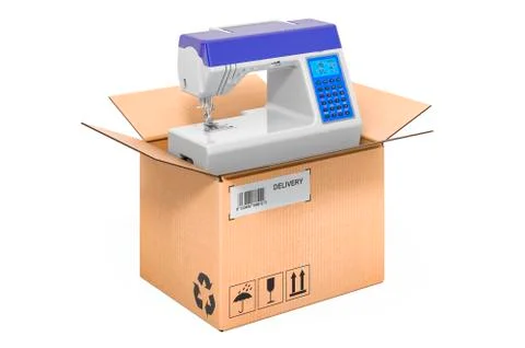 Modern sewing machine inside cardboard box, delivery concept. 3D rendering Stock Illustration