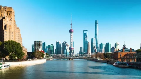 Modern Shanghai Skyline Drone Hyperlapse Sunset 4 스톡 동영상 339333240