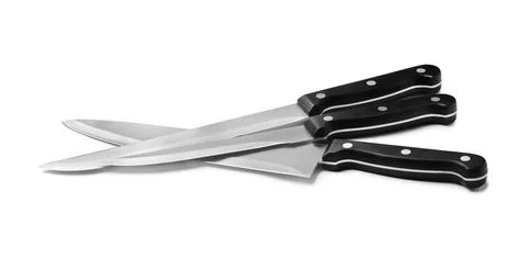 Modern sharp kitchen knives isolated on white Foto stock