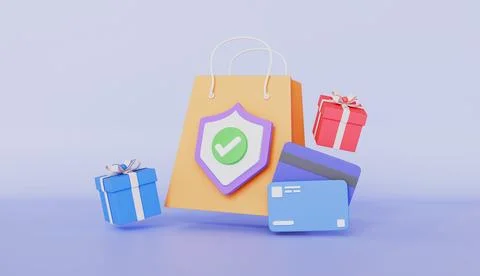 Modern shield guard with shopping bag for business idea concept 3d illustration Stock Illustration