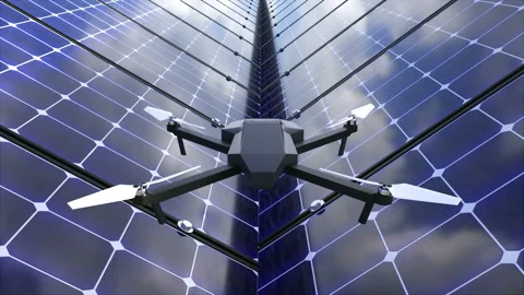 Modern shiny quadcopter among solar panels, 3d render background for technology Stock Footage