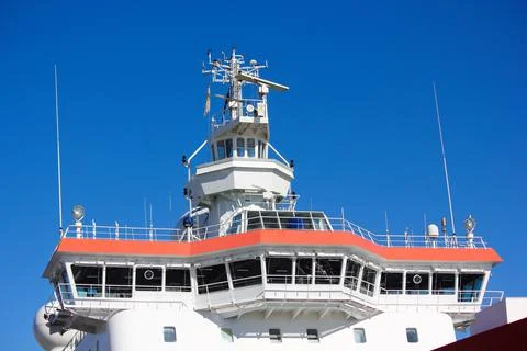 Modern Ship Command Bridge and Crow Nest Stock Photos