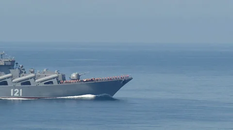 Modern ship with a helicopter on board on the high seas Stock Footage 30465041