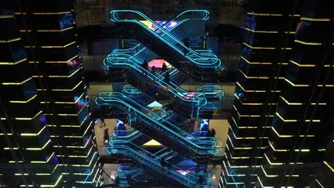 Modern shopping center with elevators with multi-colored led lighting in Moscow Stock Footage 88079293
