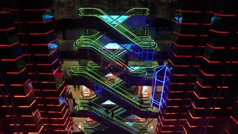 Modern shopping center with elevators with multi-colored led lighting in Moscow Stock Footage 88079356