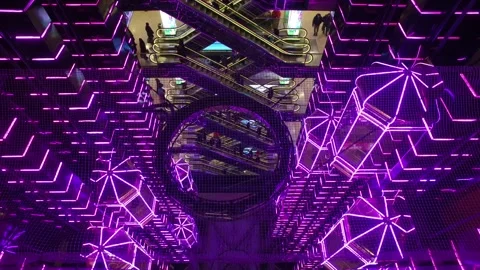 Modern shopping center with elevators with multi-colored led lighting in Moscow Stock Footage 88079414