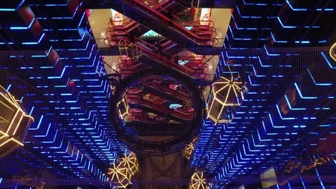 Modern shopping center with elevators with multi-colored led lighting in Moscow Stock Footage 88079507