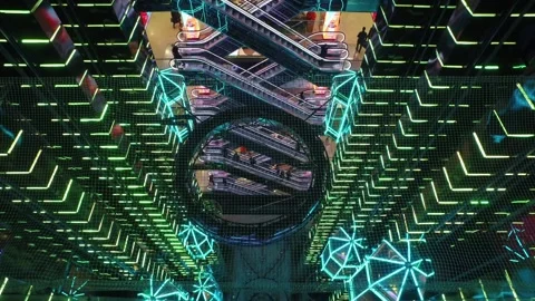 Modern shopping center with elevators with multi-colored led lighting in Moscow 库存影片 88079570