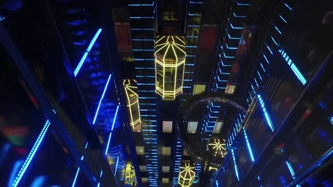 Modern shopping center with elevators with multi-colored led lighting in Moscow Stock Footage 88079577