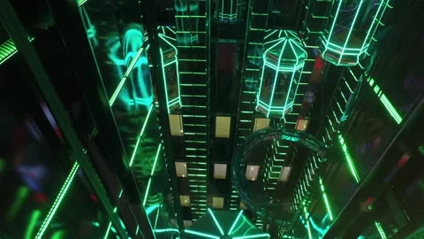 Modern shopping center with elevators with multi-colored led lighting in Moscow Stock Footage 88079635