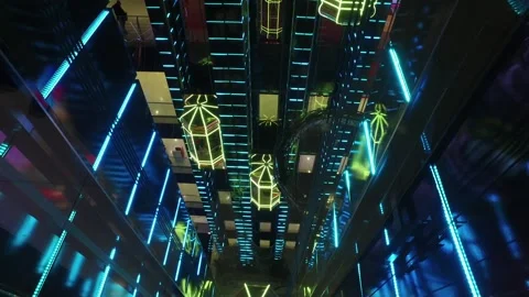 Modern shopping center with elevators with multi-colored led lighting in Moscow Stock Footage 88079737