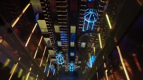 Modern shopping center with elevators with multi-colored led lighting in Moscow Stock Footage 88079746