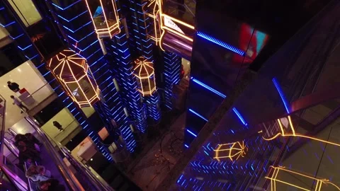 Modern shopping center with elevators with multi-colored led lighting in Moscow Stock Footage 88079843