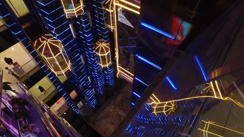 Modern shopping center with elevators with multi-colored led lighting in Moscow 스톡 동영상 88688539