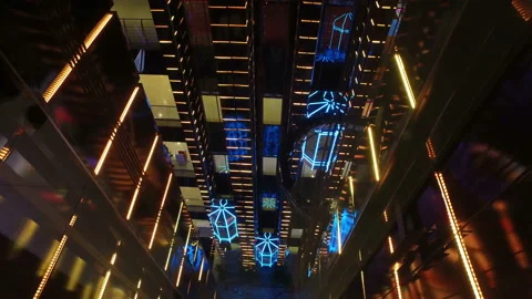 Modern shopping center with elevators with multi-colored led lighting in Moscow 스톡 동영상 88688627