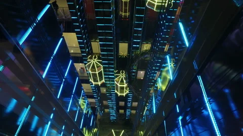Modern shopping center with elevators with multi-colored led lighting in Moscow 스톡 동영상 88688717