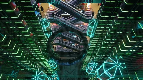 Modern shopping center with elevators with multi-colored led lighting in Moscow 스톡 동영상 88689362