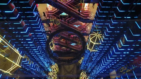 Modern shopping center with elevators with multi-colored led lighting in Moscow 스톡 동영상 88689469