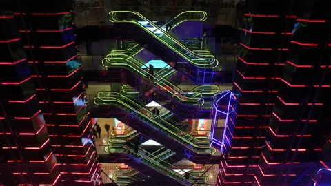 Modern shopping center with elevators with multi-colored led lighting in Moscow 스톡 동영상 88689711