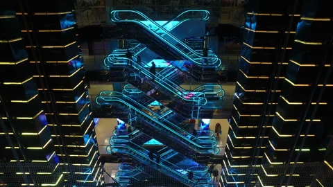 Modern shopping center with elevators with multi-colored led lighting in Moscow Stock Footage 88689902