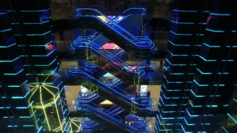 Modern shopping center with elevators with multi-colored led lighting in Moscow 스톡 동영상 88689943