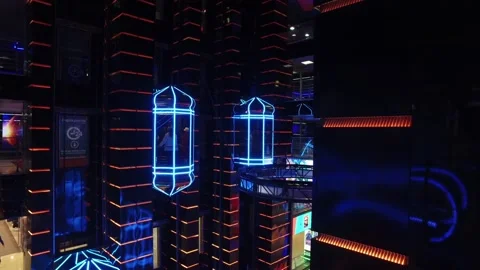 Modern shopping center with elevators with multi-colored led lighting in Moscow 库存影片 96222507
