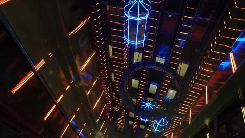 Modern shopping center with elevators with multi-colored led lighting in Moscow 库存影片 96222773