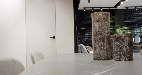 Modern Showroom with marble table and white door. Lifestyle and Elegant room. Stock Footage 284715135